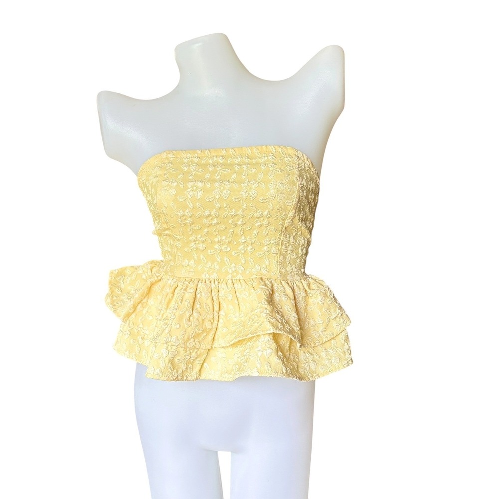 Autumn Wedding Guest Yellow Peplum Strapless Jacquard Corset Top Small Coquette